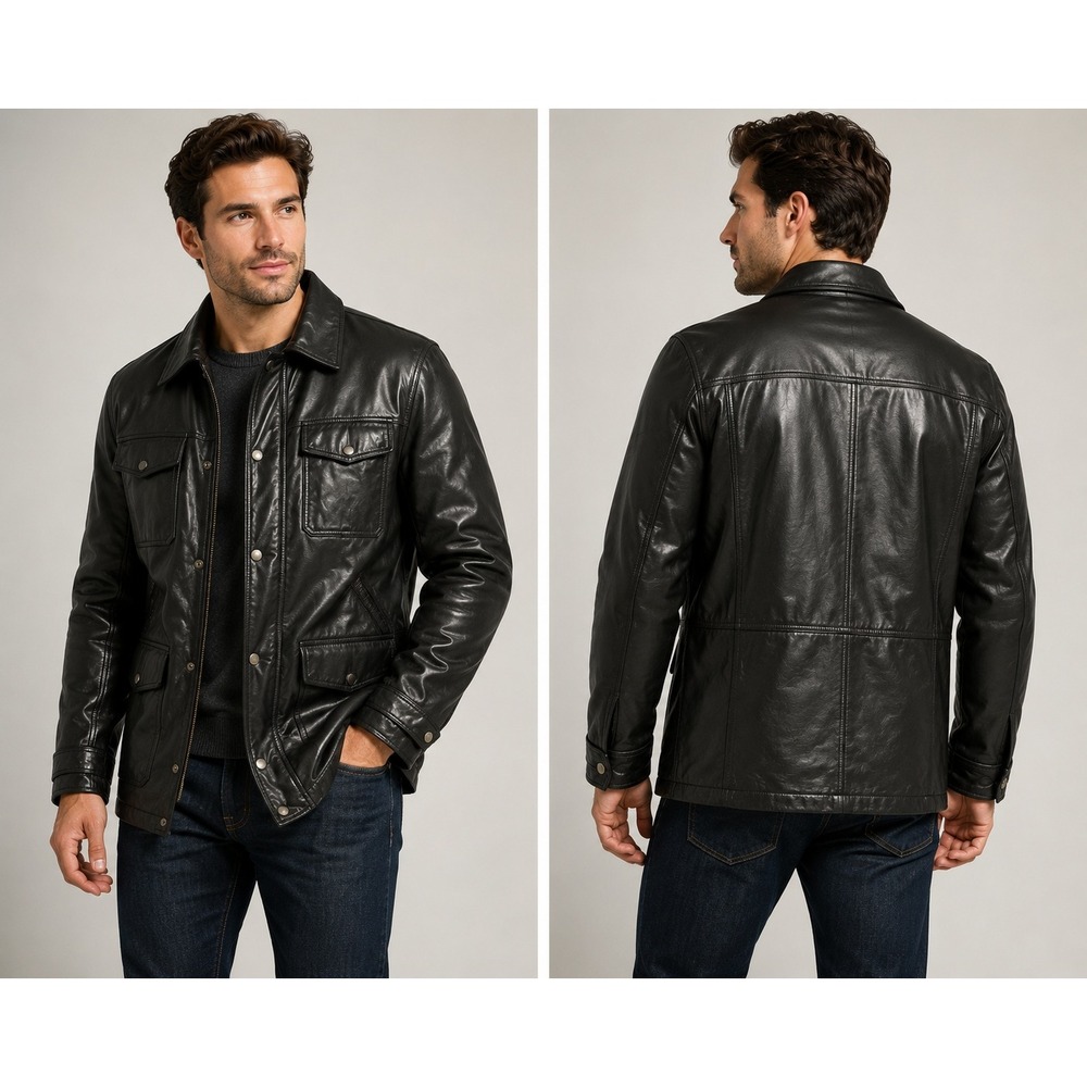 Italian Textile Group Mens Black Faux Leather Field Jacket Quilted Lined Large